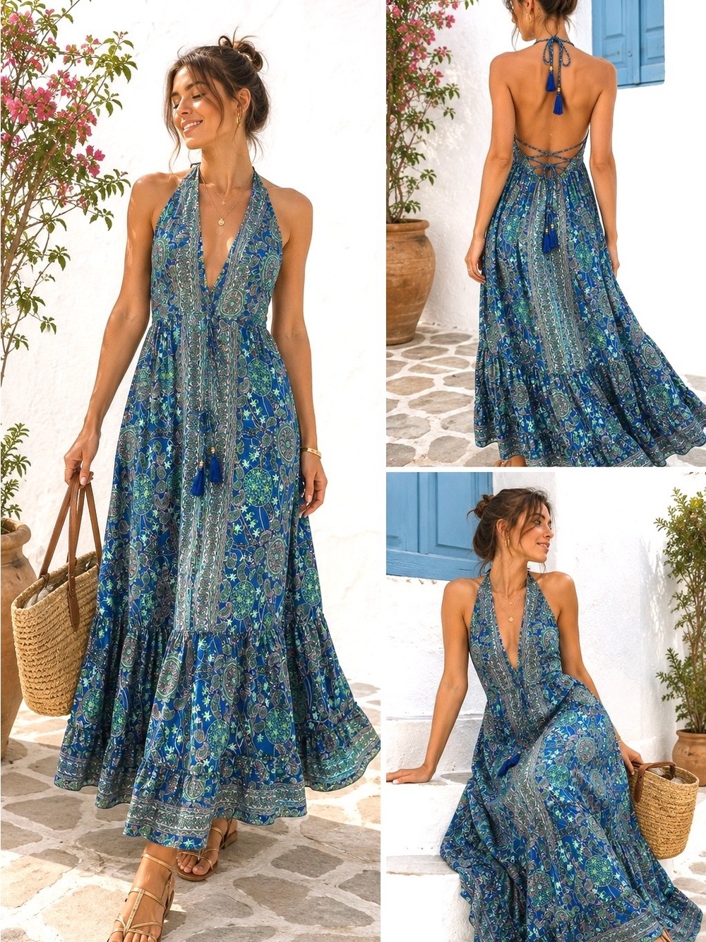 Sara Art of India Boho Goddess Halter Maxi Dress Open Back Resort Tassel M